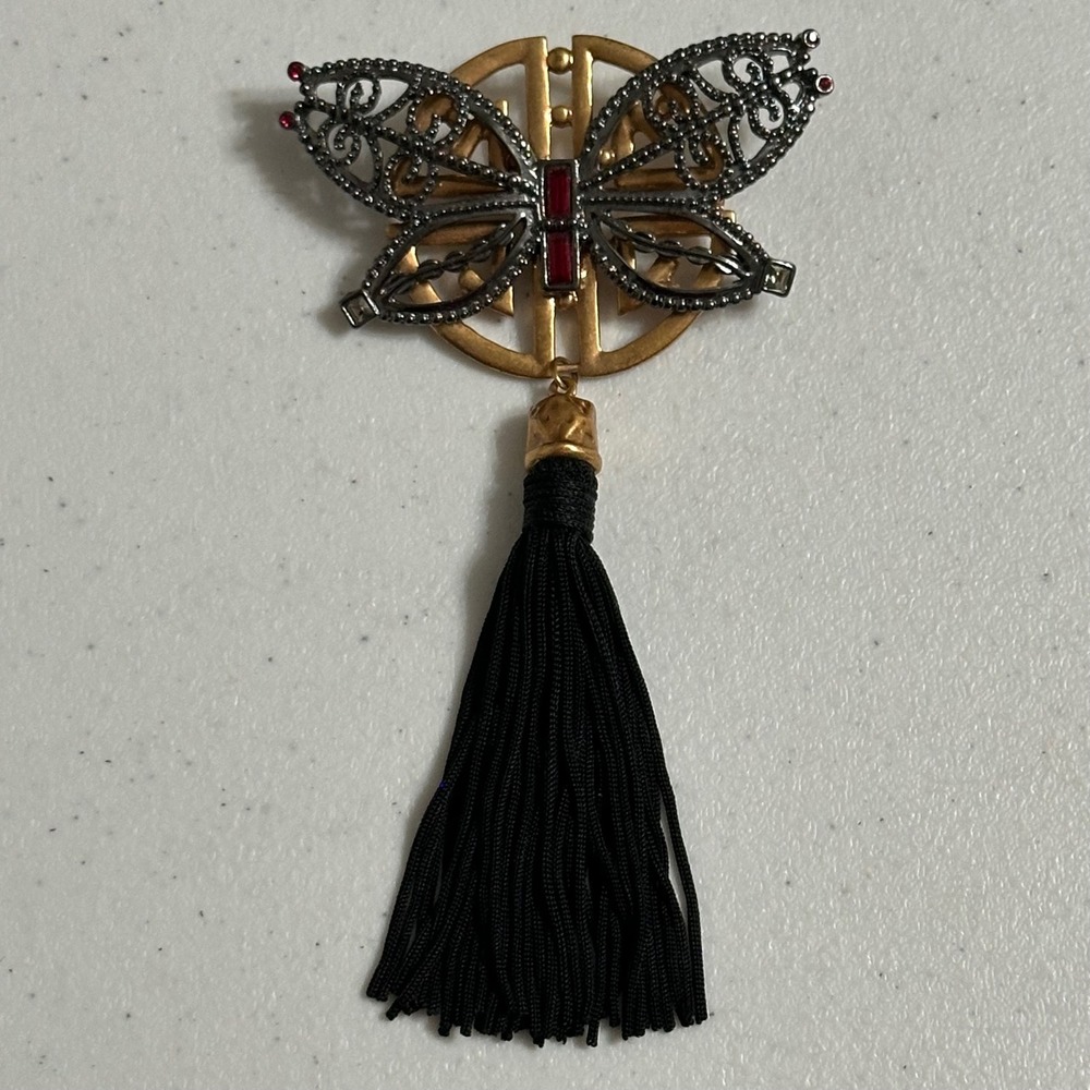 Butterfly Black Tassel Brooch‎ Filigree Mixed Metal Red Crystal Statement Pin